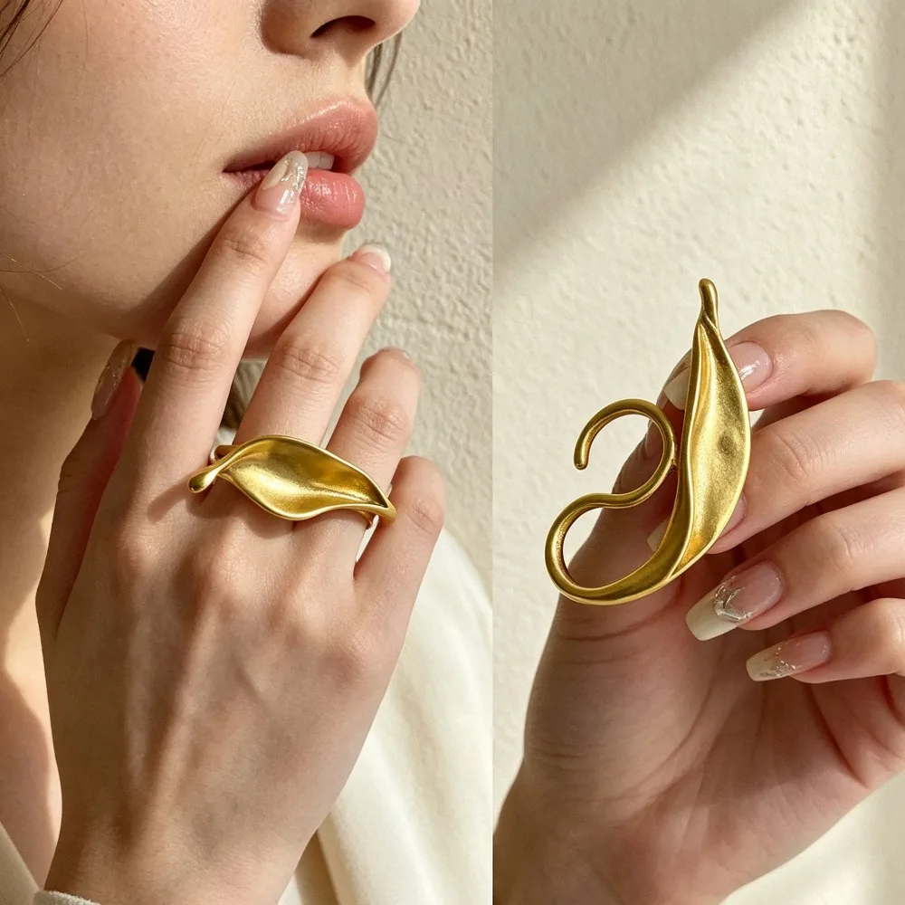 Exaggerated Irregular Leaf Open Ring for Women, Vintage Luxury Large Metal Statement Fashion Finger Jewelry Gift