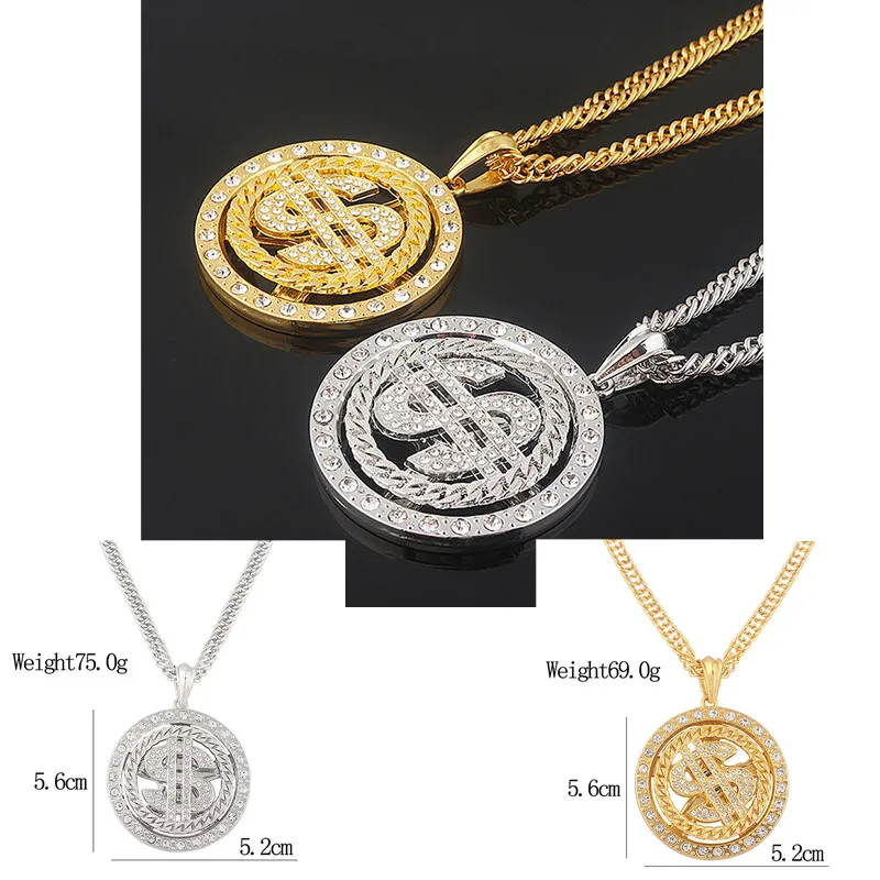 Rotatable US Dollar Money Sign Pendant Necklace Men Rapper Hip Hop Punk Long Chain Necklace Women Statement Necklace Gift