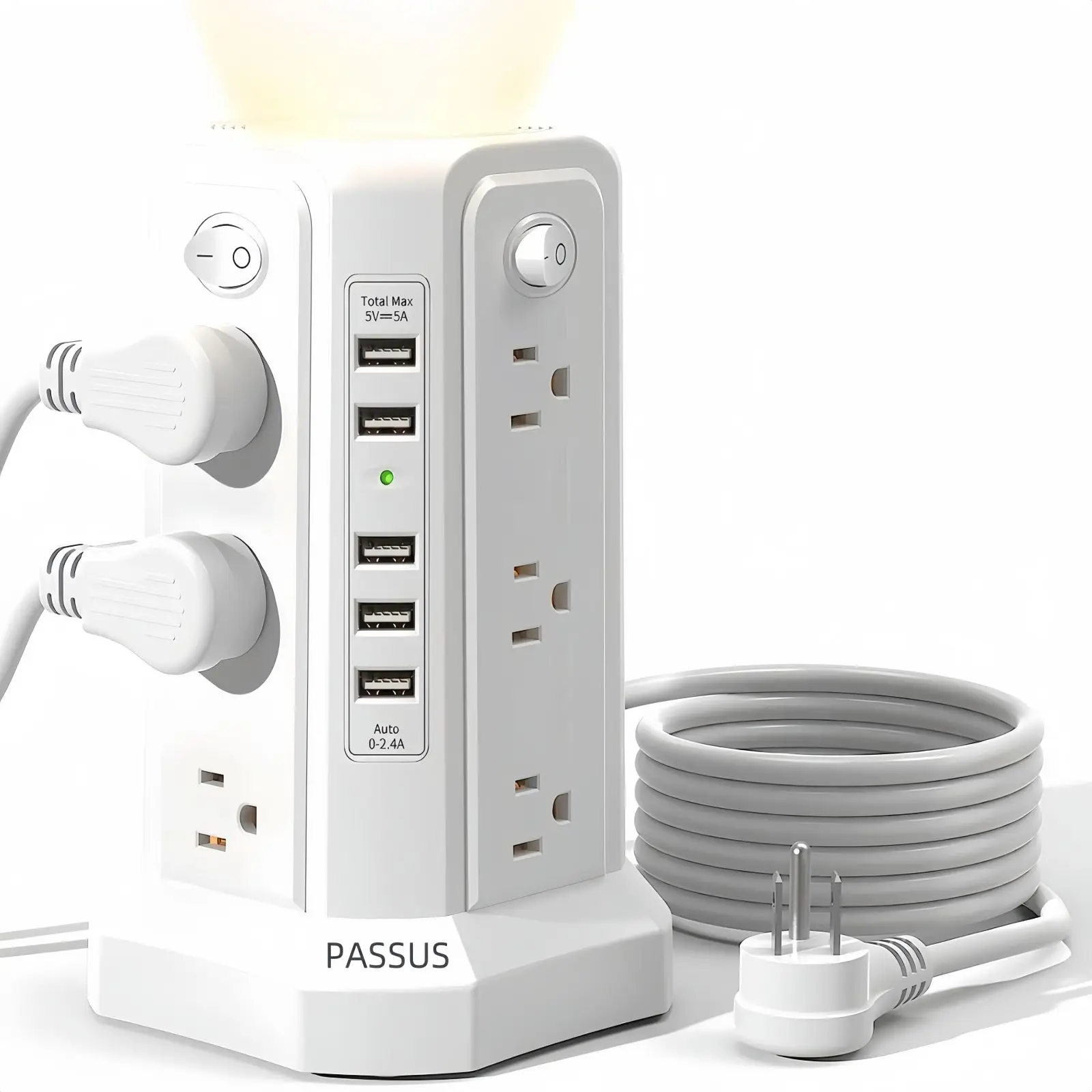 Passsus power tower surge protector with 5 USB and night light, 3M extension cable with 12 AC, suitable for office and home