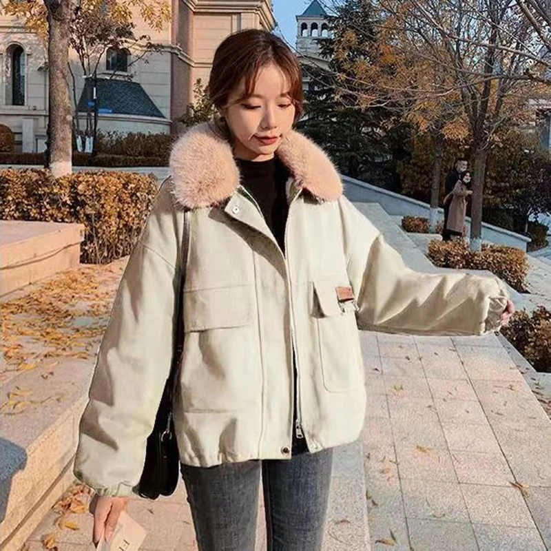 Lucyever Korean Thick Fleece Women Winter Jacket Fashion Loose Warm Plush Parkas Female Elegant Lapel Zipper Pocket Velvet Coat