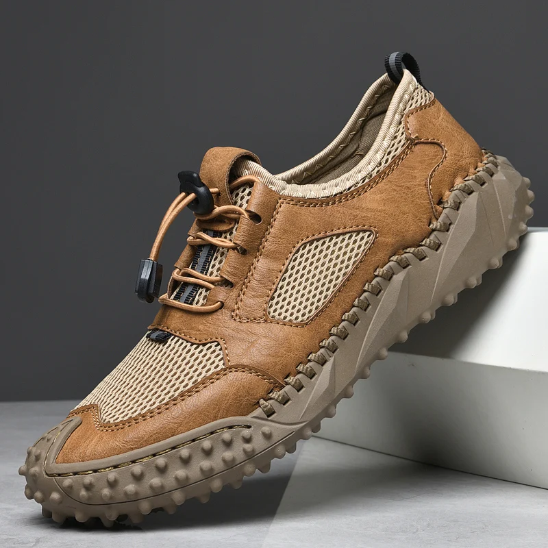 Summer Men Mesh Shoes Breathable  Refreshing Hand Sewn Soft Sole Soft Surface Splicing Anti Slip Outdoor Travel  Hiking Shoes