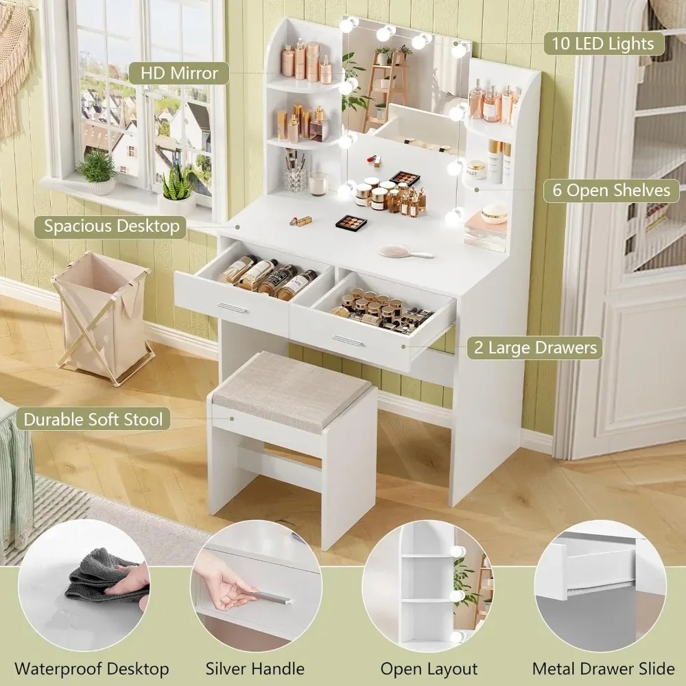 Dressing table with mirror and light with 2 large drawers, 6 storage shelves and stools with 3 colors of adjustable lighting