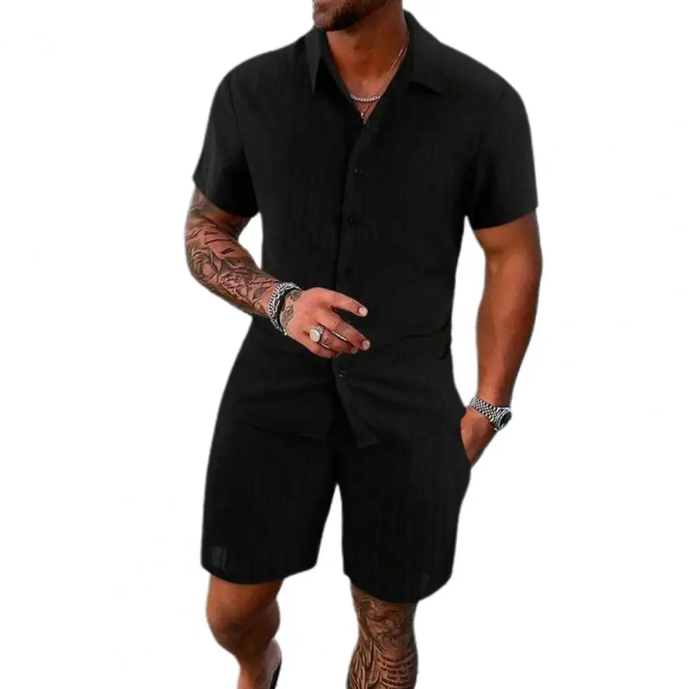 2Pcs/Set Men Casual Outfit Lapel Short Sleeve Single Breasted Shirt Elastic Drawstring Waist Wide Leg Shorts Loose Fit Outfit