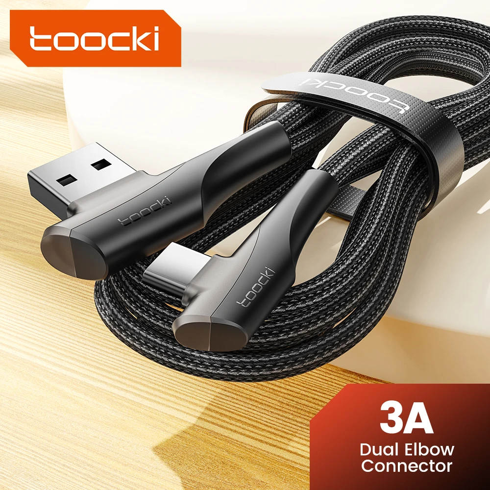 Toocki 90 Degree Double Elbow Cable QC3.0 3A Fast Charging USB-A To USB C Cable For Huawei Xiaomi 12 13 Samsung S23 Realme
