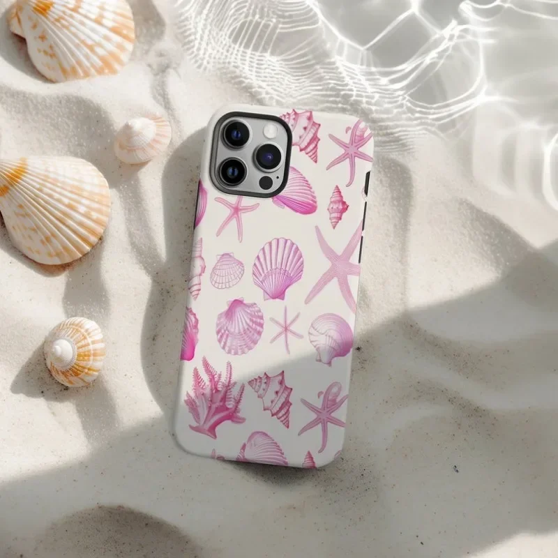 Pink Seashell Pattern Phone Case For IPHONE 16ProMax 15 14 13 12 11 PRO Plus Acrylic TPU Two in one Mobile Phone Cases