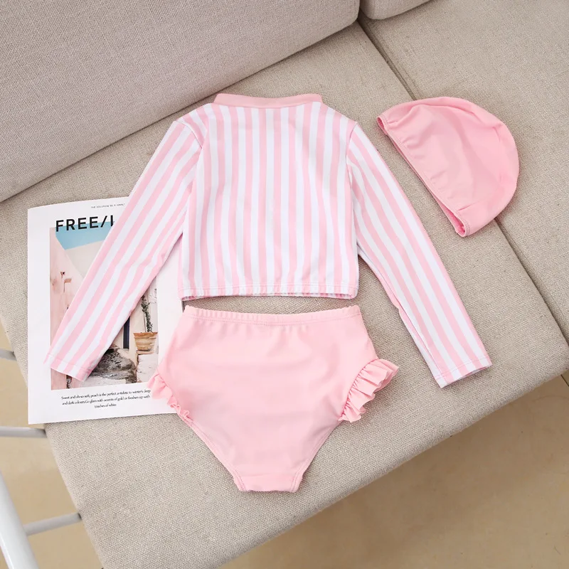 2026 Summer Baby Girls Korean Version Split Swimsuit Set Kids Long Sleeve Top+Bikini+Swimming Cap Three-piece Set Girls Swimwear