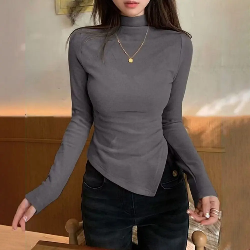 

Удобная футболка нестандартной формы с длинным рукавом, шикарный тонкий пуловер с полувысоким воротником, простая майка, укороченный топ для женщин Y2k, женский