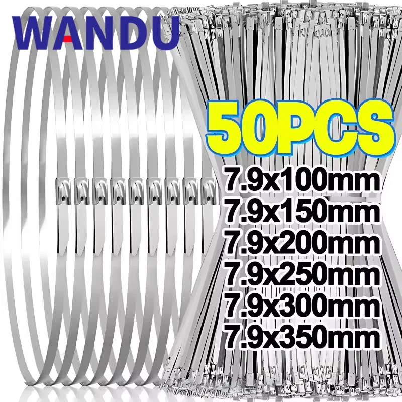 50/20Pcs 7.9mm Width Wandu 304 Stainless Steel Cable Ties Heavy Duty Self-Locking Cable Zip Tie Multi-Purpose Metal Exhaust Wrap