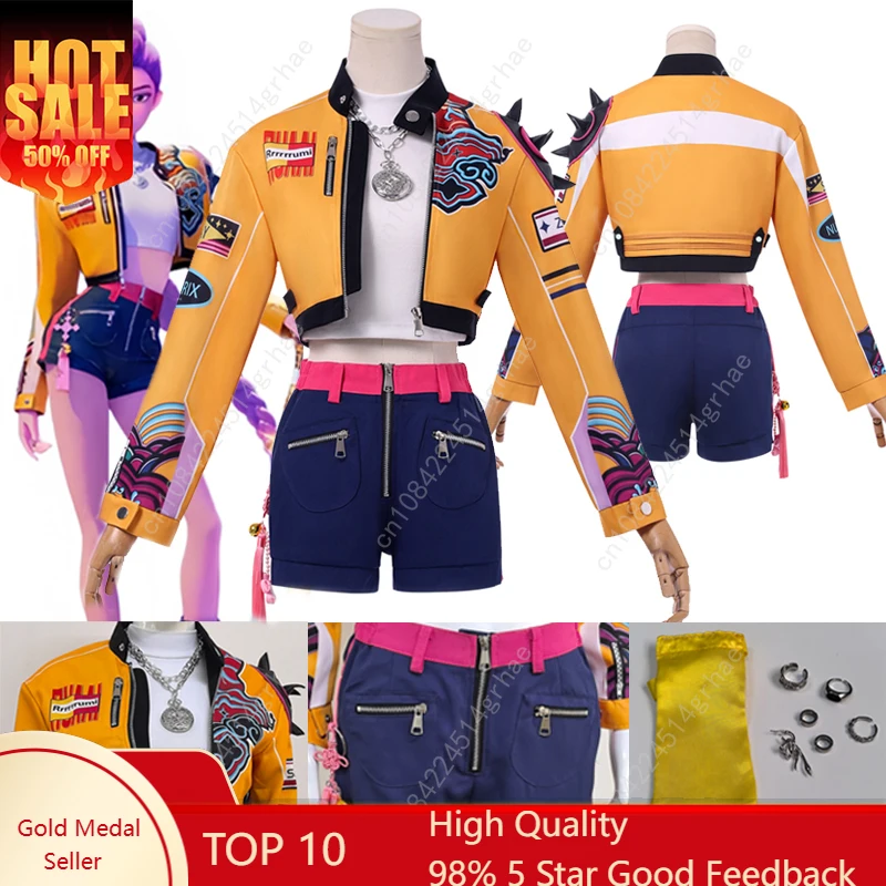 

Rumi Cosplay Costume Anime Movie KPop Demon Hunters Yellow Jacket Huntrix Uniform Earrings Shorts Halloween Women Girls
