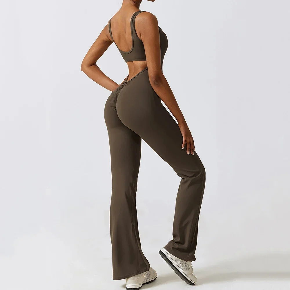 Sleeveless Scrunch Butt Yoga Jumpsuit Padded Fitness Bodysuit Sportswear One-Piece Workout Clothes Women Backless Flared Gym Set