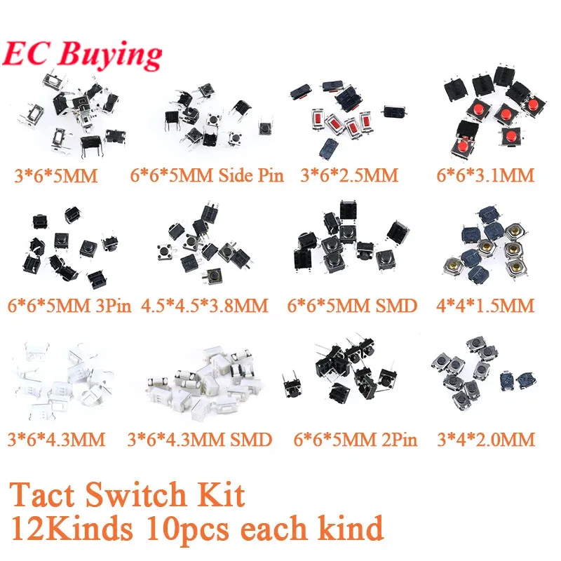 120Pcs/lot Tact Switch Push Button Micro Key Switch Direct Plug-in Self-reset DIP SMD SMT Micro Switch Kit DIY 12 Types*10PCS