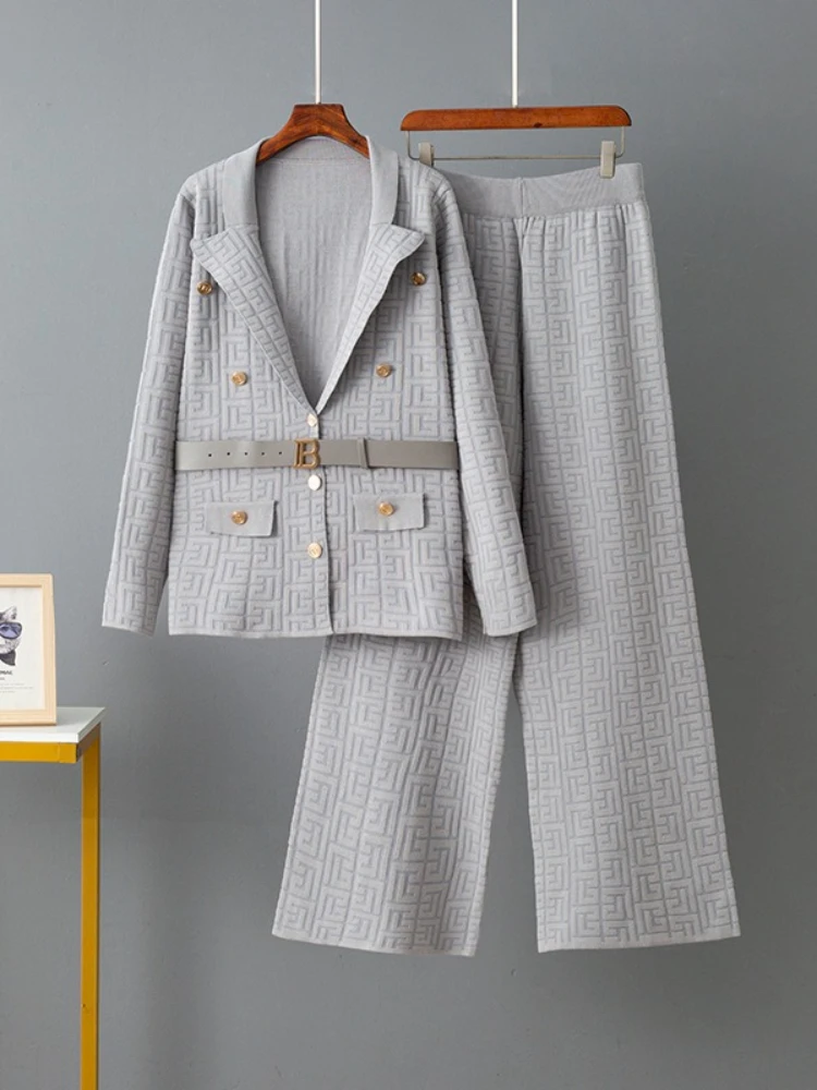 النساء مكتب مجموعات دعوى طوق سترة موضة 2 قطعة مجموعة الخريف الشتاء حزام ضيق الخصر سترة التخسيس محبوك بنطال ذو قصة أرجل واسعة