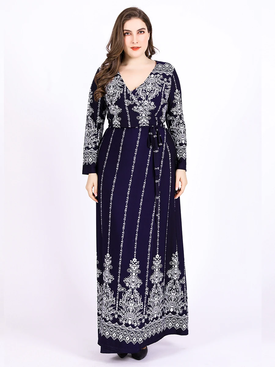 2023 Autumn Winter Wrap Dress Woman Long Sleeve Retro Printing Maxi Long Dubai Abaya Muslim Dress Plus Size Islamic Clothing