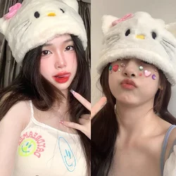 Hello Kitty Plush Hat Winter Women Furry Bucket Hat Kawaii Warm Thickened Brimless Cap Female Beanie Plush Skull Panama Cap Gift