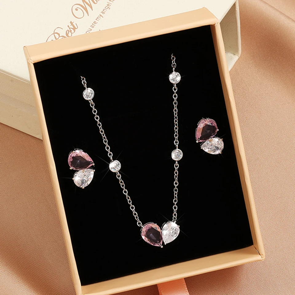 ZAKOL Fashion Shiny Pink Heart Zircon Earring Necklace Set With Box Wykwintny prezent na rocznicę walentynkową dla kobiet