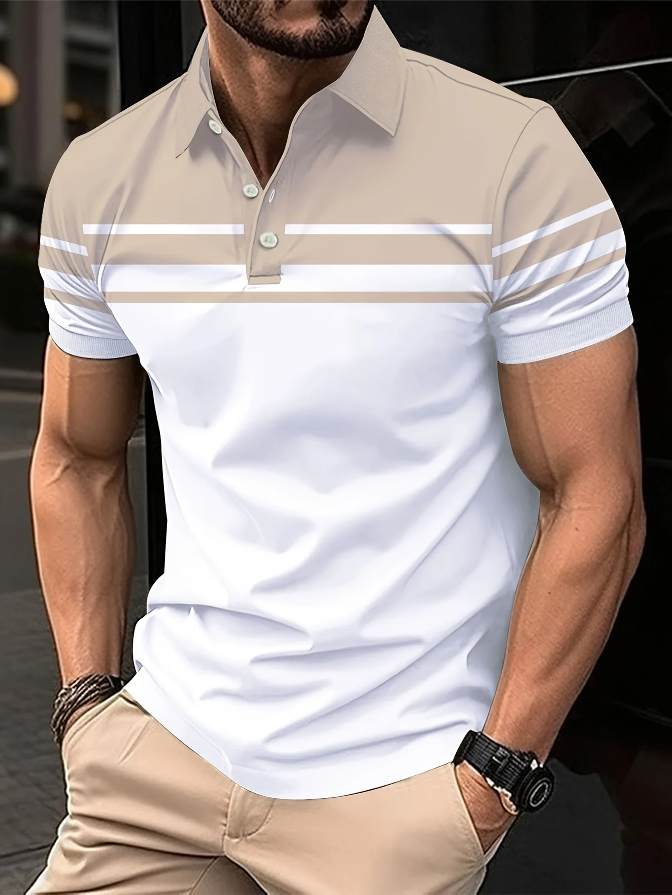 New men's short-sleeve polo shirt T-shirt, loose-fitting and tailored with printed patterns, versatile basic crew-neck top suita