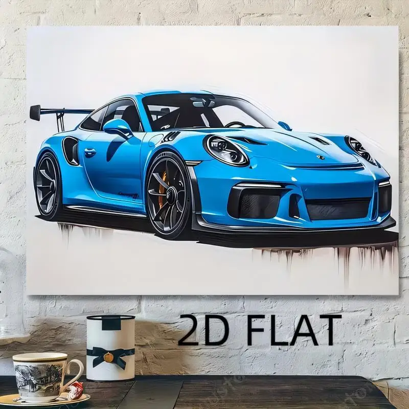 2D Flat Blue Sports Car Metal Wall Art - Sleek Racing Design, Iron Material, Modern Decor for Car Enthusiasts, Garages & Home -