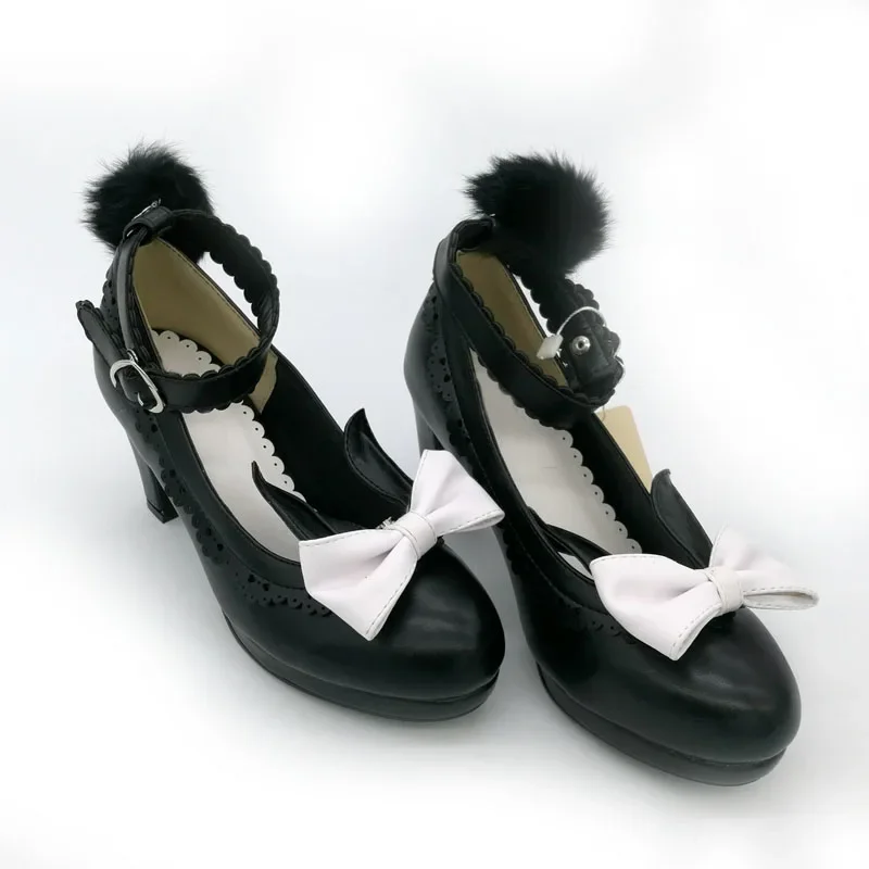 Rabbit Ears Shoes Ribbon Fluffy Pumps Single High Heel Shoes Student Lolita Shoes