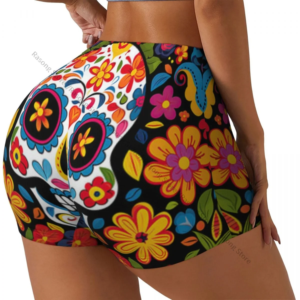 Spandex Yoga Shorts for Women Day Of The Dead Skull Pattern Workout Booty Shorts