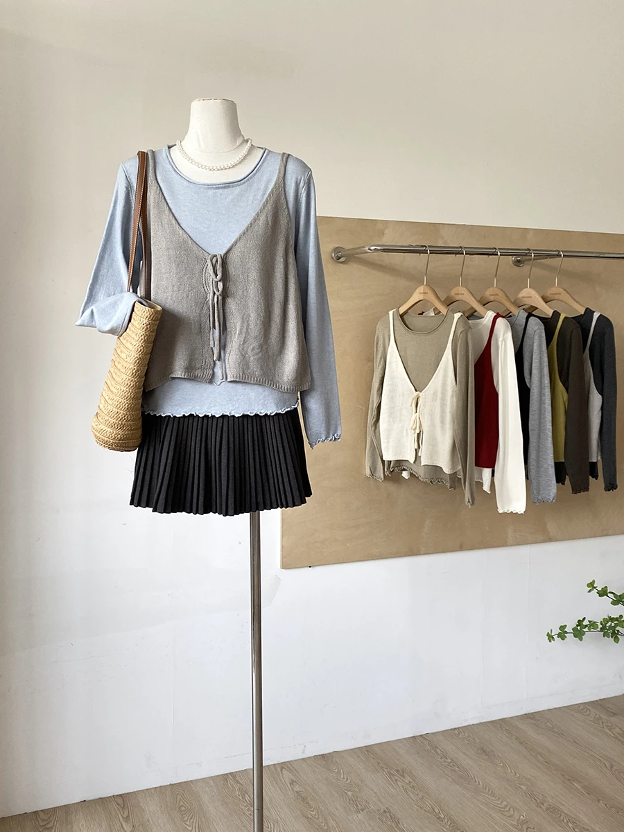 

2025 Autumn New Korean Sle Ins Retro Simple Pure Color Outerwear Strap Vest plus Inner Pure Color Base irt Women's Faio...