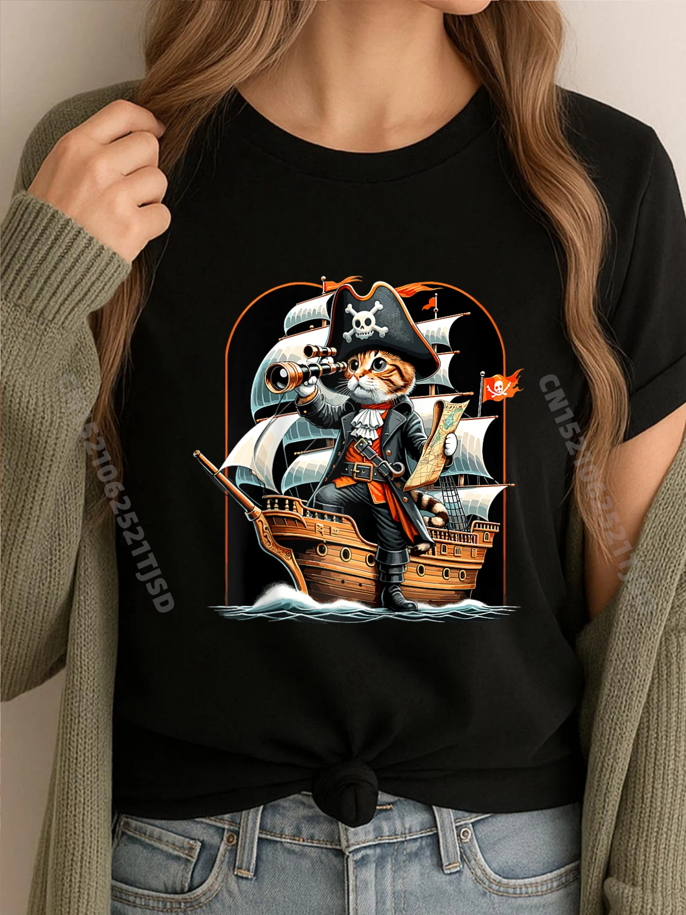 

Cat Adventure Pirate Cat Adventure Halloween Cat Raglan White T Shirt Woman Tops Outdoor