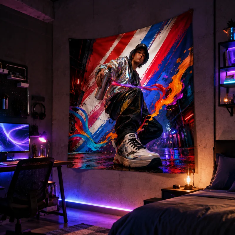 VIKAMA Neon City Hip-Hop Tapestry, Colorful Splatter-Paint Design for Bedroom and Living Room Walls, Home Decor