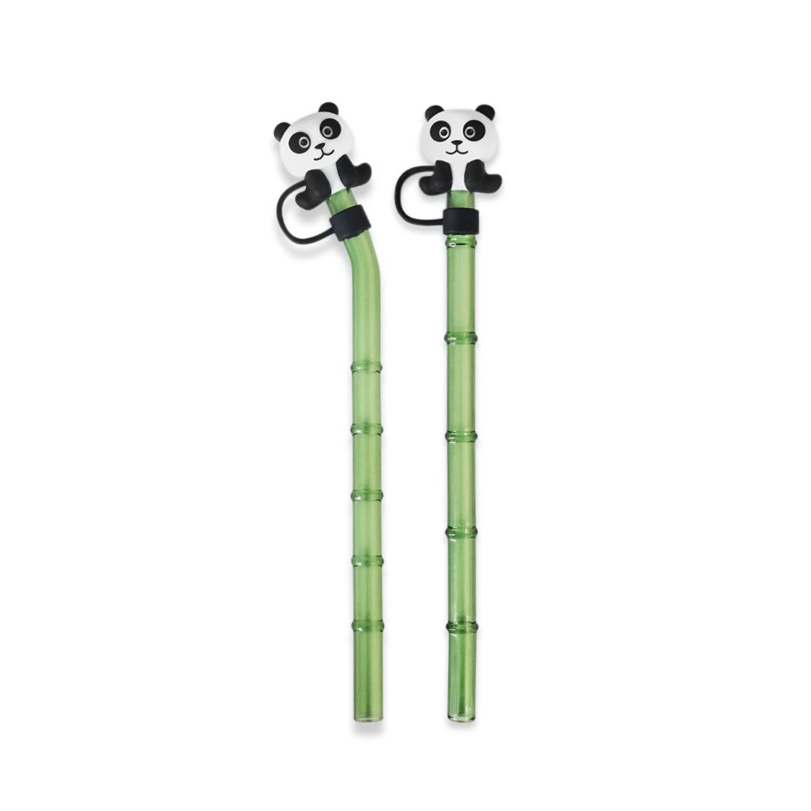 

2pieces Heat-resistant Bamboo Straw Multiple Uses For Travel And Restaurant Recycling Panda Dust Cap As shown