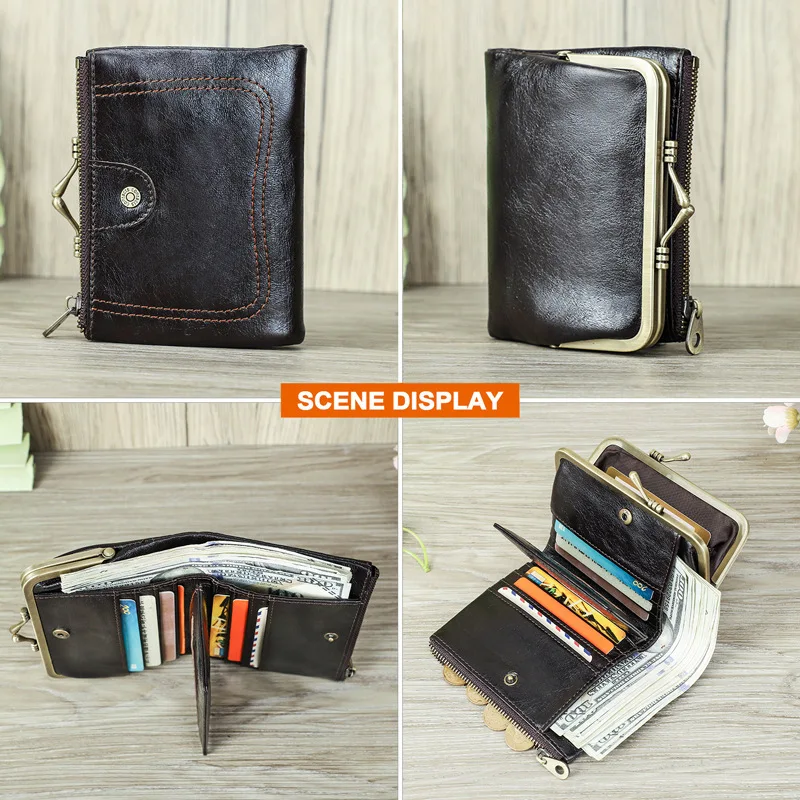 New Anti Theft Brush Head Layer Cowhide Fashion Iron Clip Genuine Leather Women's Zero Wallets Women Wallets Coin Purses Holders