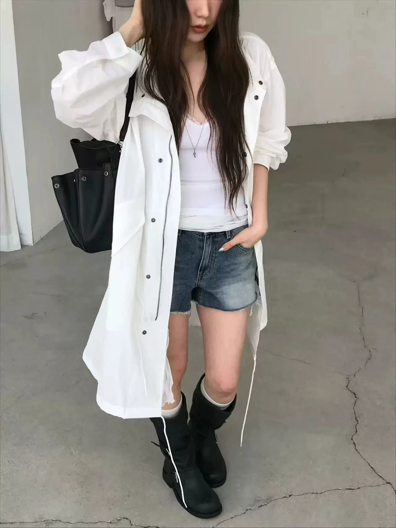 

Women's Fashion Long Waist-Cinching Zipper Sleeve Windbreaker Loose Slimming Long Sleeve Sun Protection Outerwear Coat