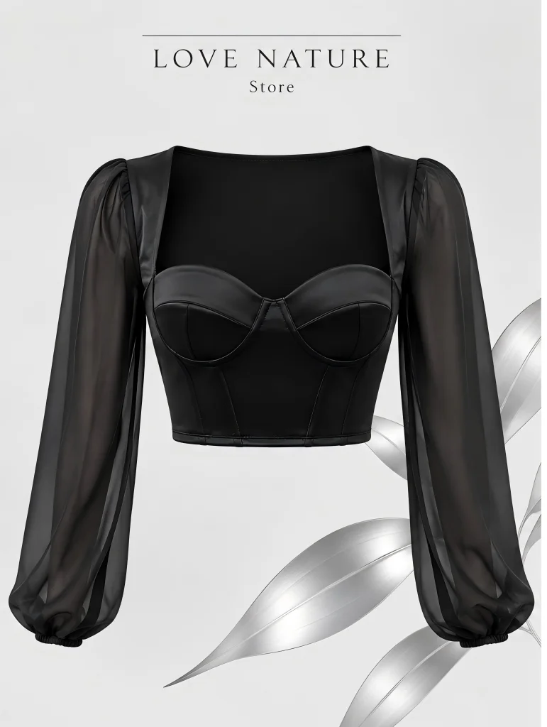 【LOVE NATURE Store】Women’s Black Corset Crop Top, Sheer Puff Sleeve Bustier Top
