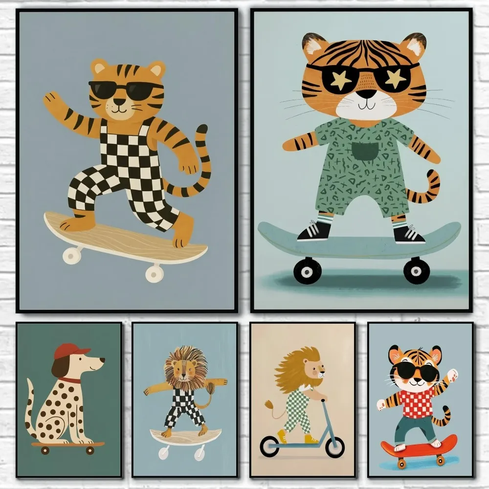 Lustige Tiere Hund Katze Skateboard Poster Home Wohnzimmer Schlafzimmer Bar Flur Klebrige Wand Kunstdruck Wasserdicht Ästhetische Dekor