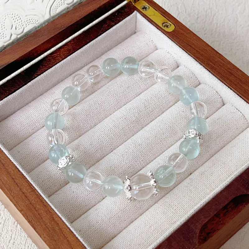 

Ruifan 8MM Natural Light Green Fluorite White Crystal Beaded Bracelet for Women Healing Stone Energy Silver Plated Jewelry 1593