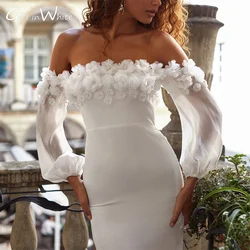 Modern Trumpet Satin Wedding Dress Flowers Off The Shoulder Bridal Gown Full Sleeves Bride To Be customized robe de mariée