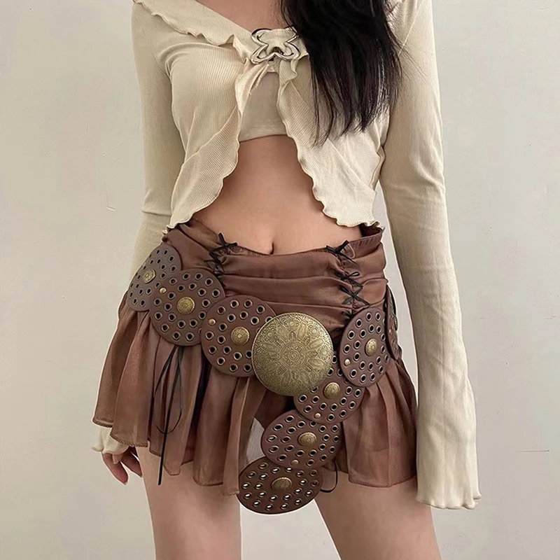 Vintage Western Wide PU Waist Belt Antique Brass Sunflower Eyelet Oval Leather Slice Linked Oversize Decor Corset Belt