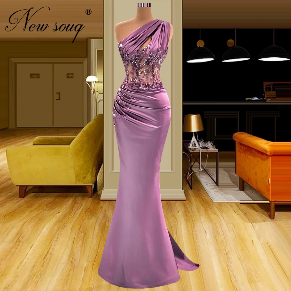 Dubai Design Purple Mermaid Prom Dresses One Shoulder Long Beads Celebrity Evening Gowns Arabic Satin Women Wedding Party Dress