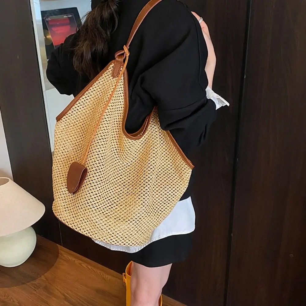 

Hollow Out Straw Woven Bag Tote Bagwith Sunglasses Clip Beach Handbag Bohemian Beach Bag Parent Shoulder Bag Large Capacity