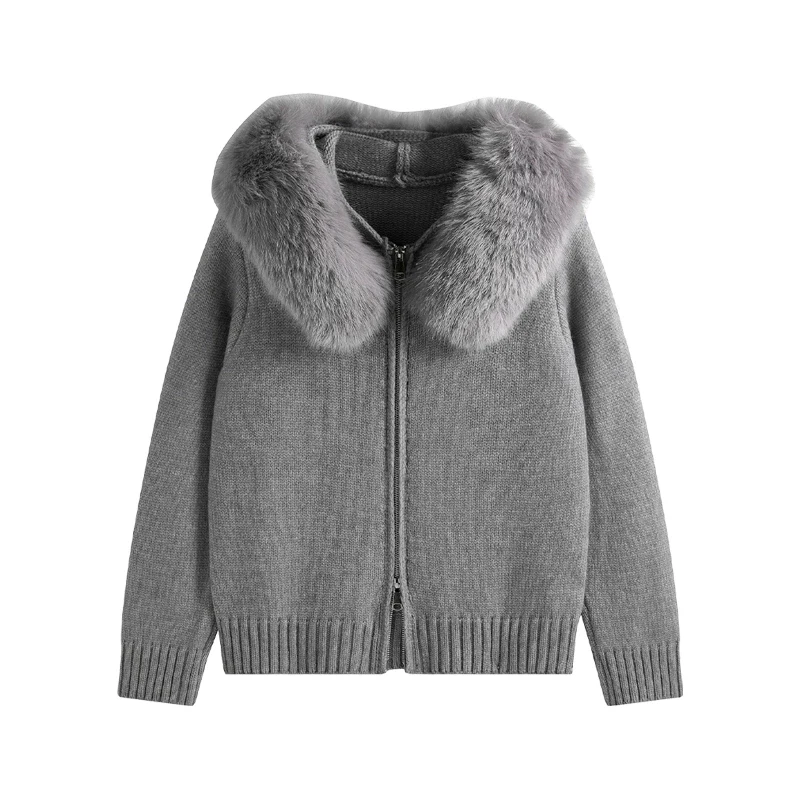 New 2025 Winter Sweater Coat Women Hooded Cardigan Fur Collar Hooded Knit Thicken Warm Women's Coats Chic Casual Outwear Coats