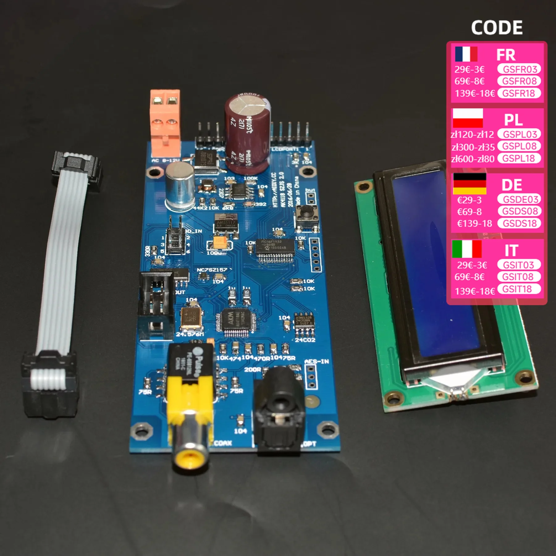 AK4118 Digital Receiving Board Coaxial Fiber AES To I2S Sampling Rate Display Supports  Input 24Bit 192K