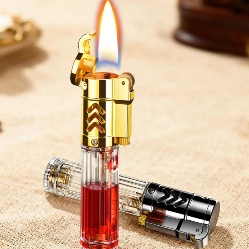 New Retro Transparent Fuel Tank Grinding Wheel Mini Lighter Outdoor Portable Fuel Lighter Cigarette Accessories Men's Gift