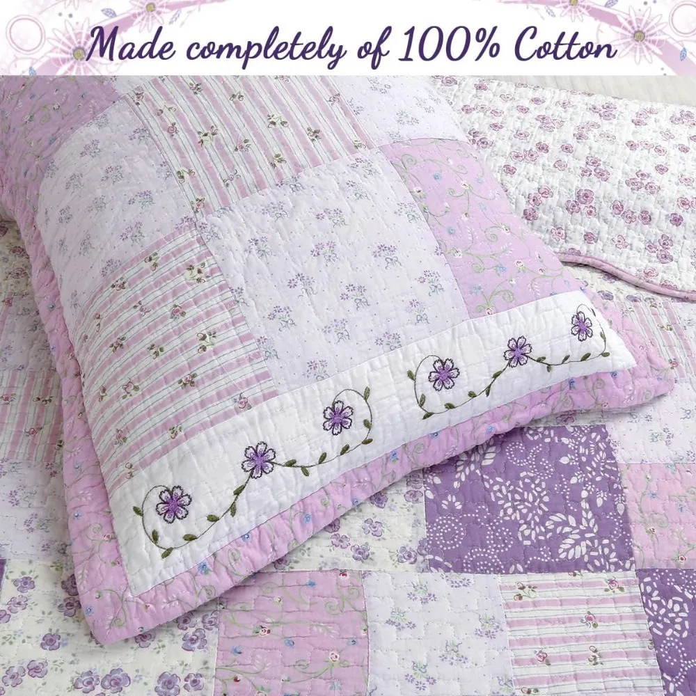 Bedding Quilt Set, Light Purple Orchid Lavender Floral Real Patchwork 100% Cotton Reversible Coverlet, Bedspread