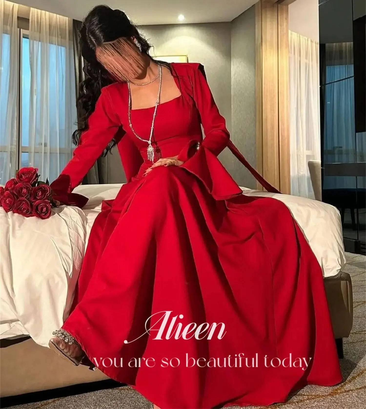 Aileen Long Sleeves Square Collar Red Dresses Gala Wedding Party Dress Evening Elegant Woman Prom 2024 Graduation Women Luxury