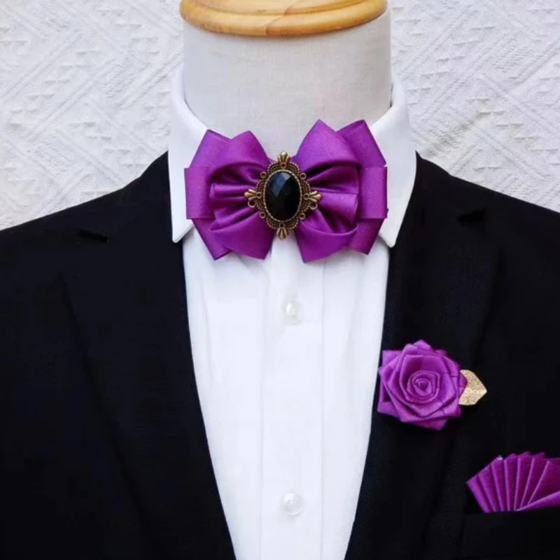 

Men Women's Bow Tie Brooch Set British Korean Business Banquet Suit Accessories Men Wedding Collar Flower Pocket Towel 3pcs Sets