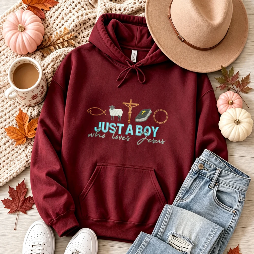 Just A Boy Who Loves Jesus Graphic Hooded Sweatshirt Cross Bible Lamb Fish Crown of Thorns Christian Faith Casual Pullover Tops