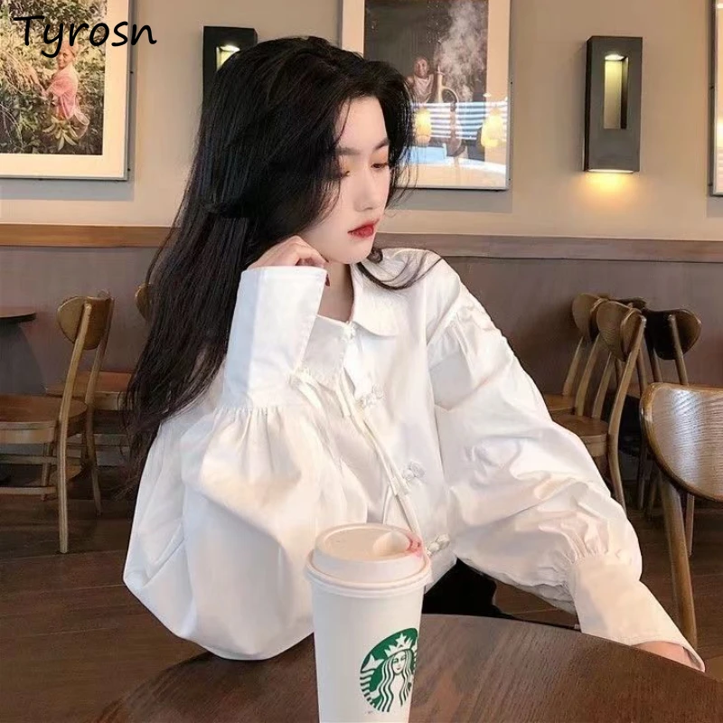 Korean Style White Shirts for Women Loose Vintage Button High Street Fashion Graceful Lantern Sleeve Tops BF Lovely Youth Chic