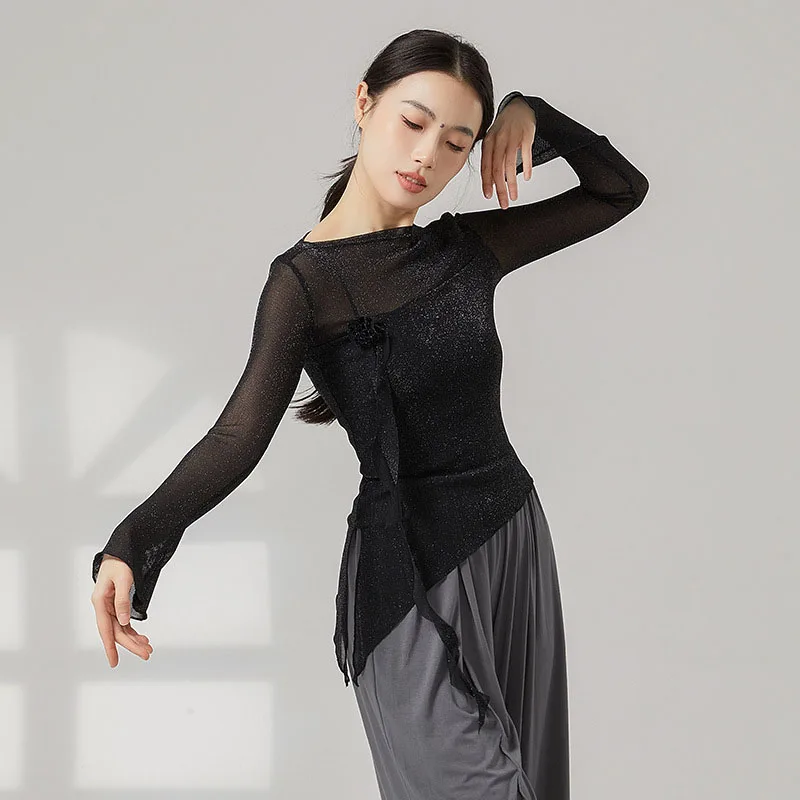 Volwassen Bloem Bling Mesh Slanke Semi Transparante Lange Mouw Asymmetrische Zoom Buikdans Blouse Kostuums voor Vrouwen Danskleding