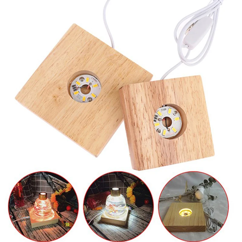 Wooden LED Light Dispaly Base Crystal Glass Resin Art Ornament Wooden Night Lamp Base LED Light Rotating Display Stand 7/8cm