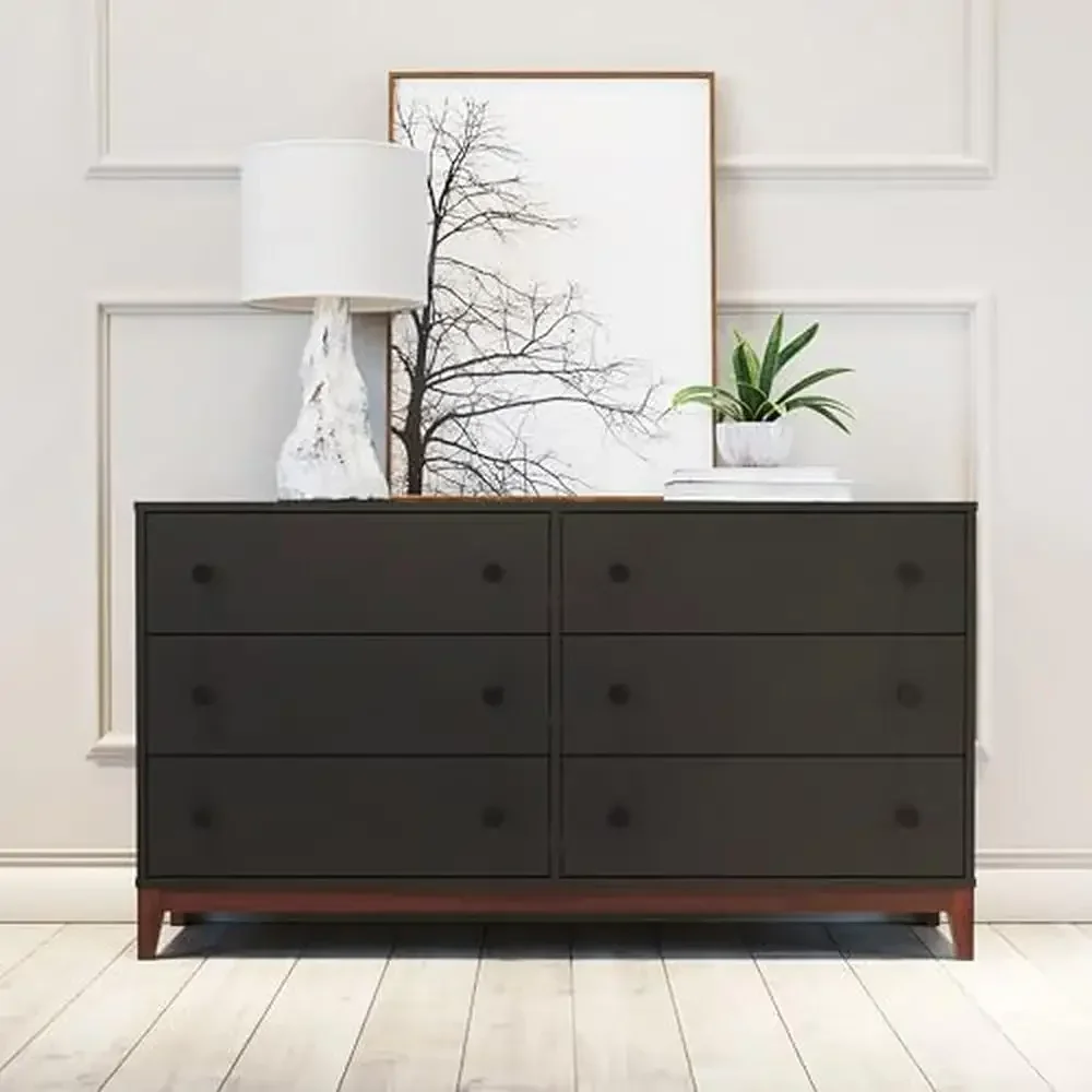 6-Drawer Retro Style Black Cherry Dresser Space Saving Bedroom Chest Easy Glide Drawers 16x54.75x30