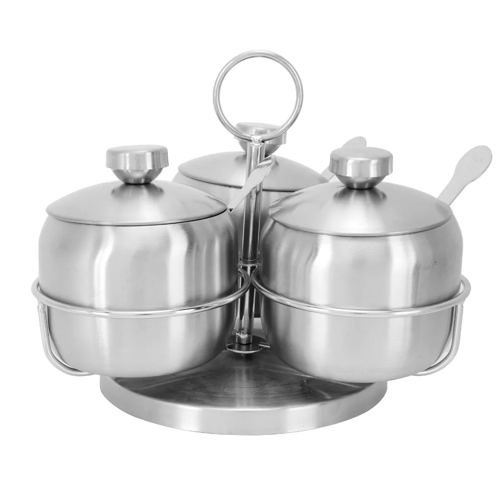Durable 304 Stainless Steel Rotating Condiment Jar With Lid With Spoon Seasoning Pot Set 250ml Spice Rack Set Restaurant