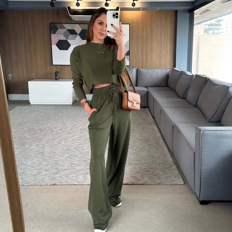 Elegantes zweiteiliges Damen-Set mit langen Ärmeln, Rundhalsausschnitt, kurzes T-Shirt, hohe Taille, gerades Bein, Hosen-Set 2025