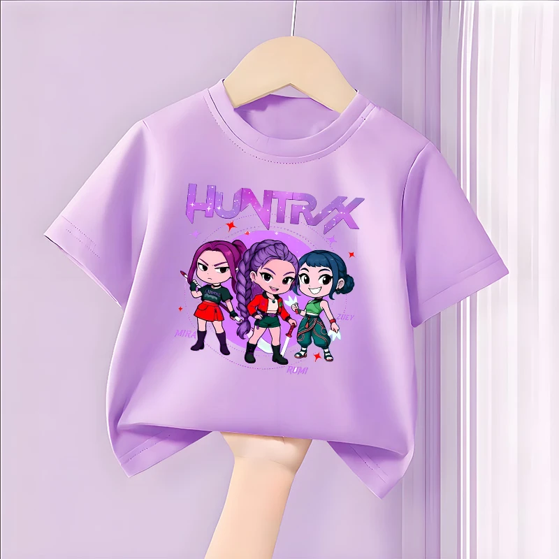 شيطان هنتر الفتاة الوردي تي شيرت القطن لطيف أنيمي مطبوعة الاطفال تيز Y2K Kawaii الشارع الشهير Harajuku قصيرة الأكمام ملابس الصيف #2